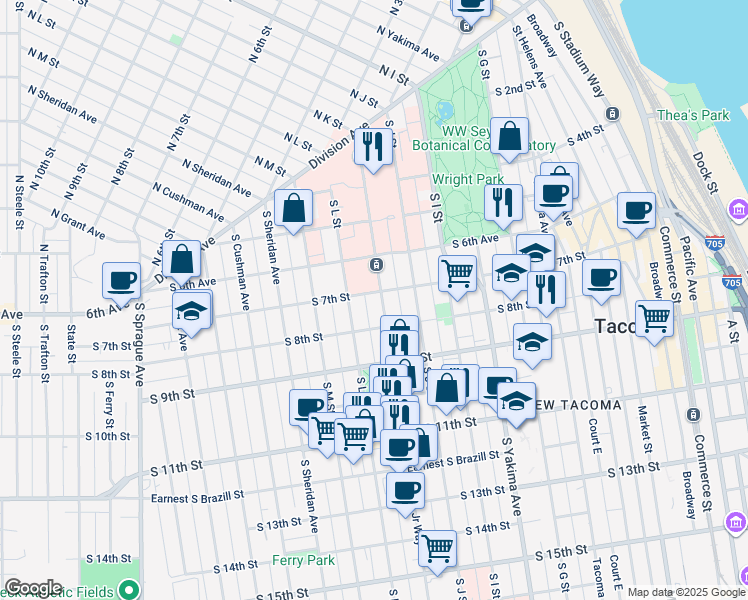 map of restaurants, bars, coffee shops, grocery stores, and more near 702 Martin Luther King Junior Way in Tacoma