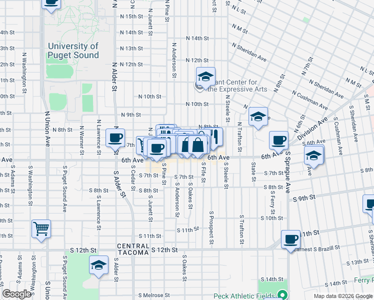 map of restaurants, bars, coffee shops, grocery stores, and more near 615 North Anderson Street in Tacoma