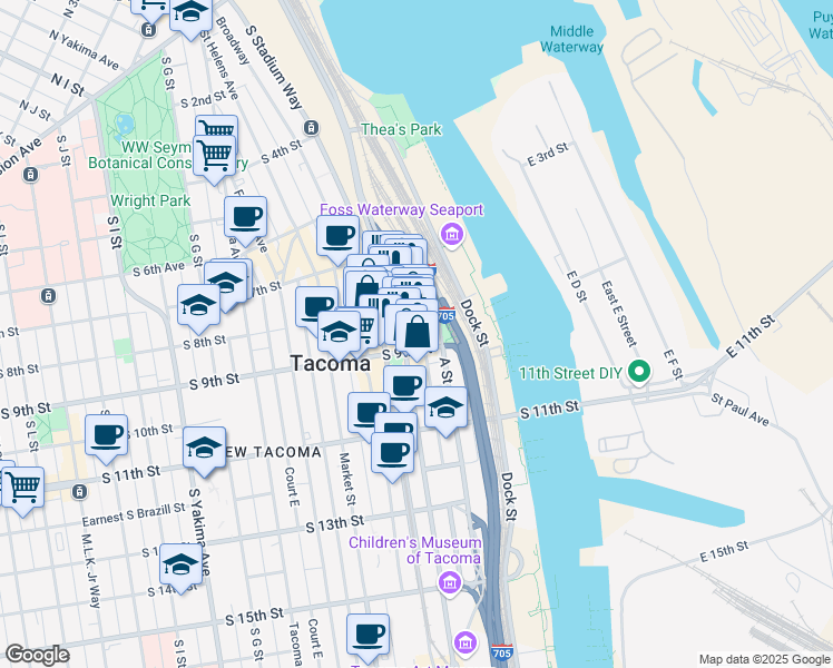 map of restaurants, bars, coffee shops, grocery stores, and more near 815 Pacific Avenue in Tacoma