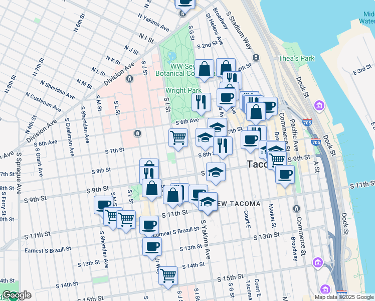 map of restaurants, bars, coffee shops, grocery stores, and more near 721 South Yakima Avenue in Tacoma