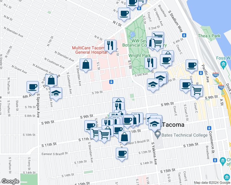 map of restaurants, bars, coffee shops, grocery stores, and more near 1020 South 7th Street in Tacoma