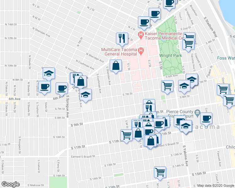 map of restaurants, bars, coffee shops, grocery stores, and more near 624 South M Street in Tacoma