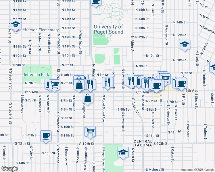map of restaurants, bars, coffee shops, grocery stores, and more near 3402 North 7th Street in Tacoma