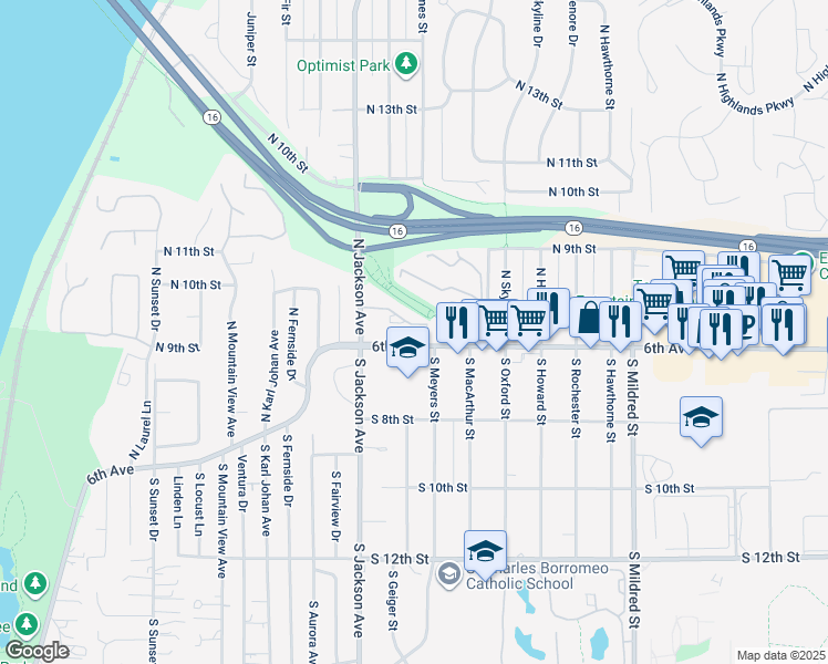 map of restaurants, bars, coffee shops, grocery stores, and more near 7301 6th Avenue in Tacoma