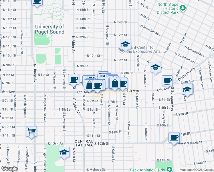 map of restaurants, bars, coffee shops, grocery stores, and more near 609 North Pine Street in Tacoma