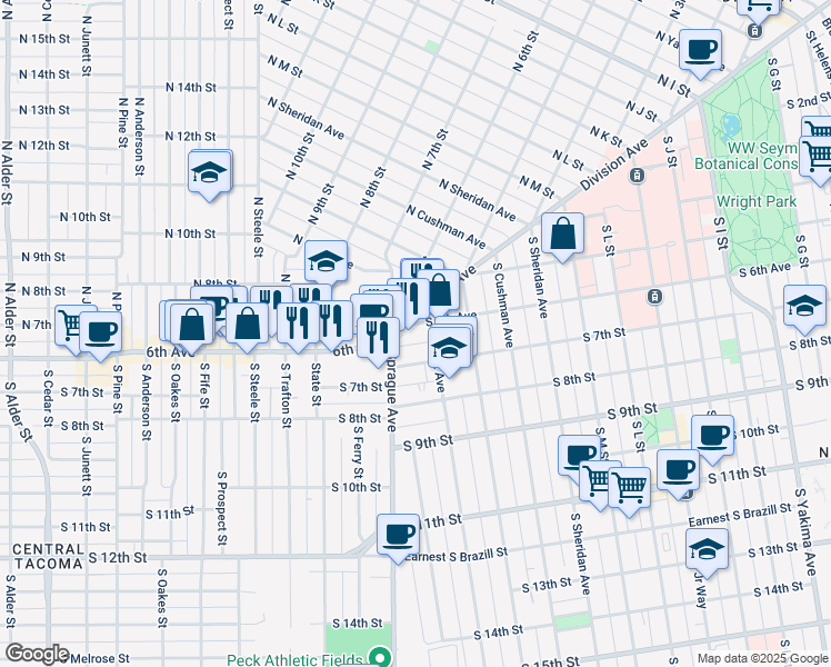 map of restaurants, bars, coffee shops, grocery stores, and more near 1702 South 6th Avenue in Tacoma
