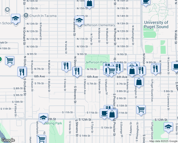 map of restaurants, bars, coffee shops, grocery stores, and more near 4122 North 7th Street in Tacoma