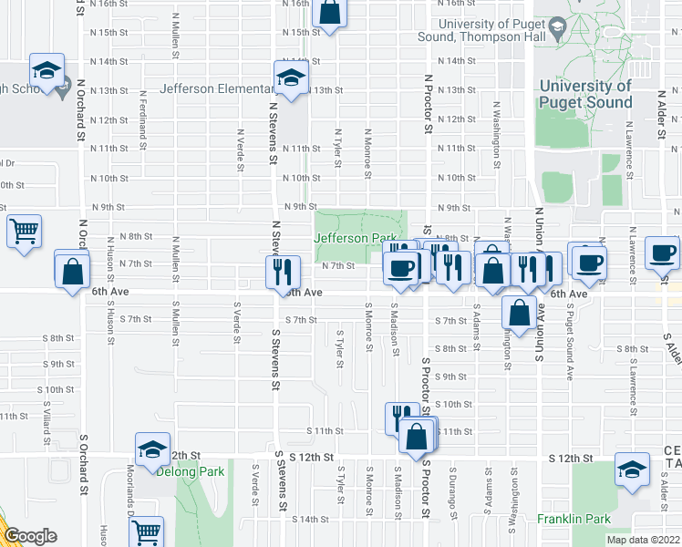 map of restaurants, bars, coffee shops, grocery stores, and more near 4122 N 7th St in Tacoma