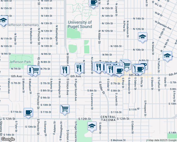 map of restaurants, bars, coffee shops, grocery stores, and more near 3316 North 7th Street in Tacoma