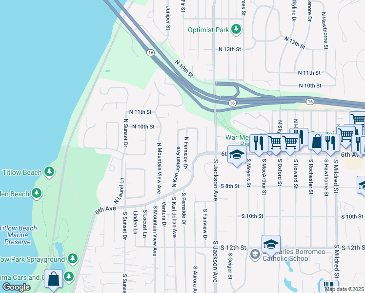 map of restaurants, bars, coffee shops, grocery stores, and more near 650 North Fernside Drive in Tacoma