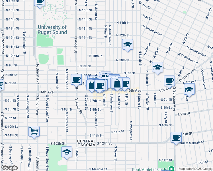 map of restaurants, bars, coffee shops, grocery stores, and more near 611 North Pine Street in Tacoma