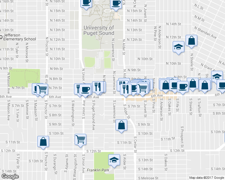 map of restaurants, bars, coffee shops, grocery stores, and more near 3302 North Lawrence Street in Tacoma