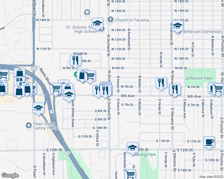 map of restaurants, bars, coffee shops, grocery stores, and more near 615 North Orchard Street in Tacoma