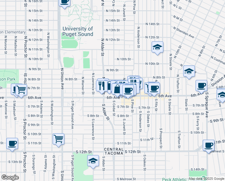 map of restaurants, bars, coffee shops, grocery stores, and more near 3102 North 7th Street in Tacoma
