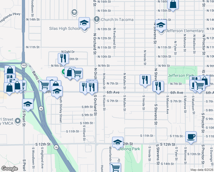 map of restaurants, bars, coffee shops, grocery stores, and more near 4850 North 7th Street in Tacoma