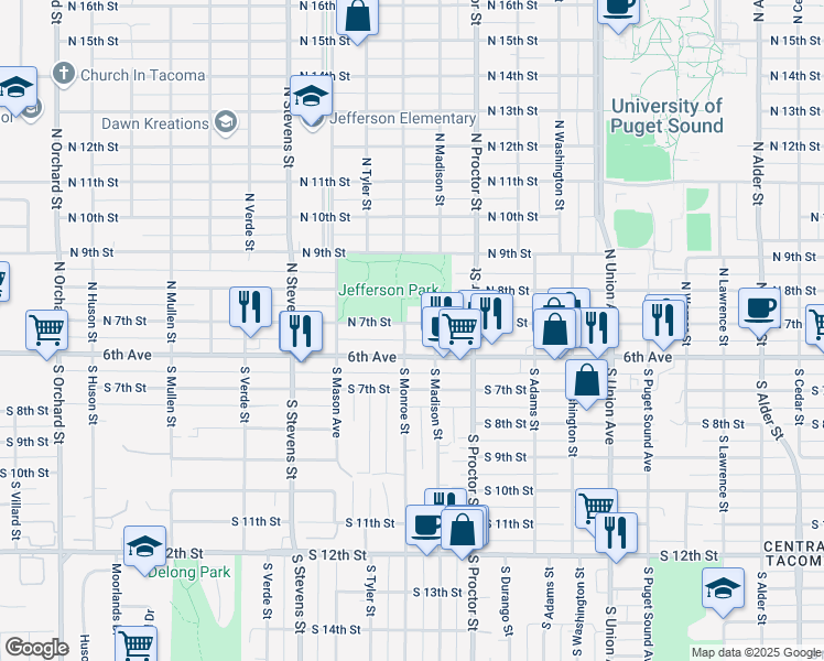 map of restaurants, bars, coffee shops, grocery stores, and more near 4016 North 7th Street in Tacoma