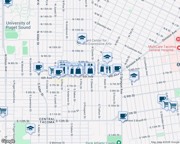 map of restaurants, bars, coffee shops, grocery stores, and more near 613 North Prospect Street in Tacoma