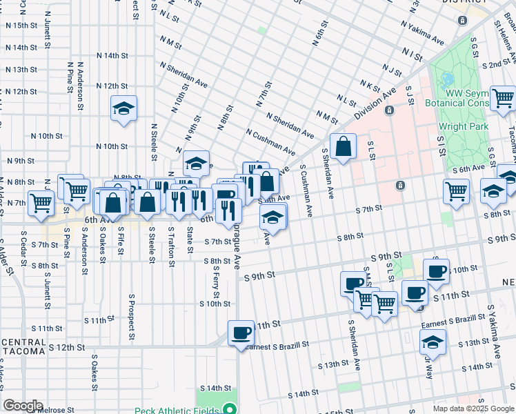 map of restaurants, bars, coffee shops, grocery stores, and more near 1702 South 6th Avenue in Tacoma
