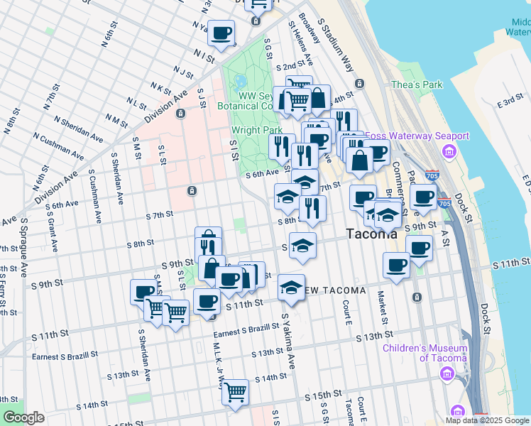 map of restaurants, bars, coffee shops, grocery stores, and more near 721 South Yakima Avenue in Tacoma
