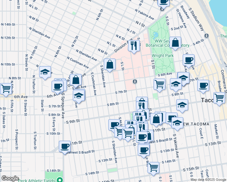 map of restaurants, bars, coffee shops, grocery stores, and more near 624 South M Street in Tacoma