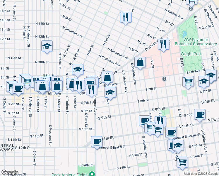 map of restaurants, bars, coffee shops, grocery stores, and more near 1702 South 6th Avenue in Tacoma
