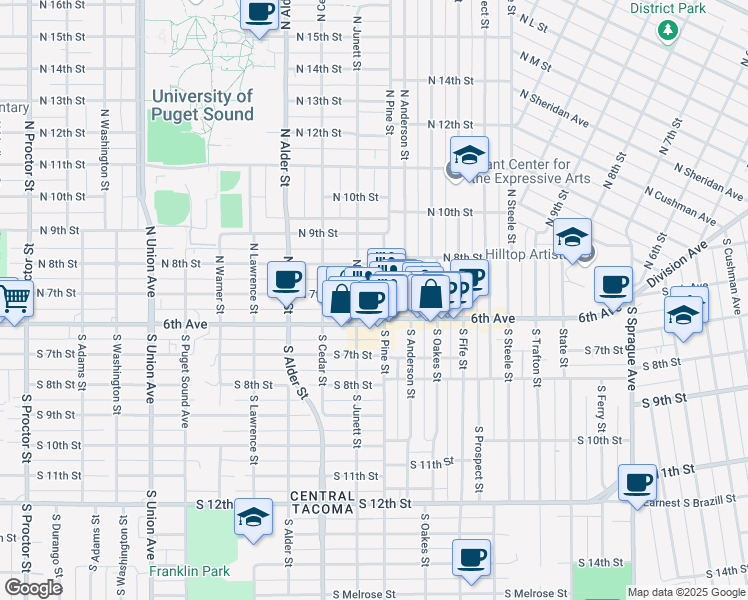 map of restaurants, bars, coffee shops, grocery stores, and more near 611 North Pine Street in Tacoma