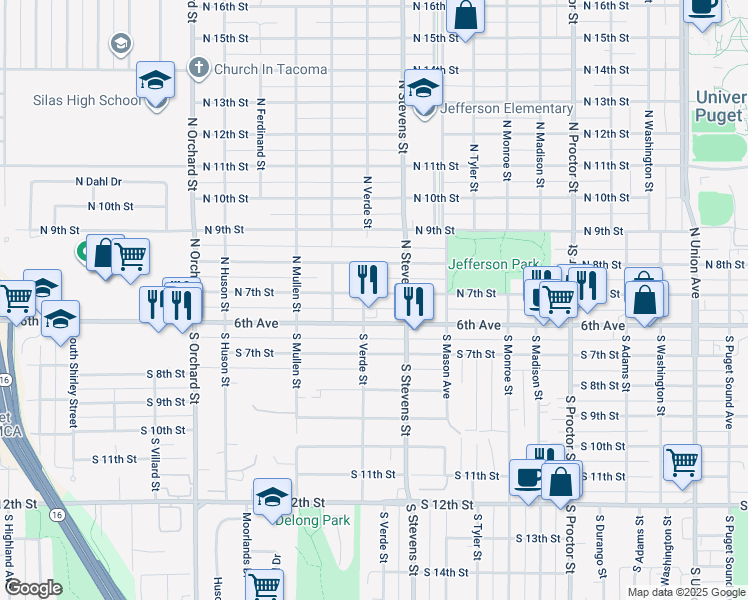 map of restaurants, bars, coffee shops, grocery stores, and more near 4428 North 7th Street in Tacoma