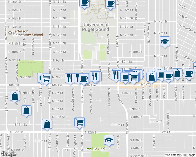 map of restaurants, bars, coffee shops, grocery stores, and more near 3402 North 7th Street in Tacoma