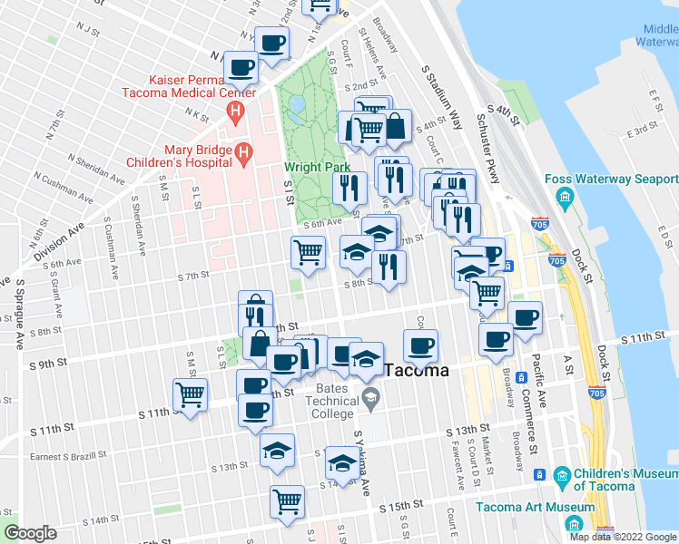 map of restaurants, bars, coffee shops, grocery stores, and more near 715 South Yakima Avenue in Tacoma