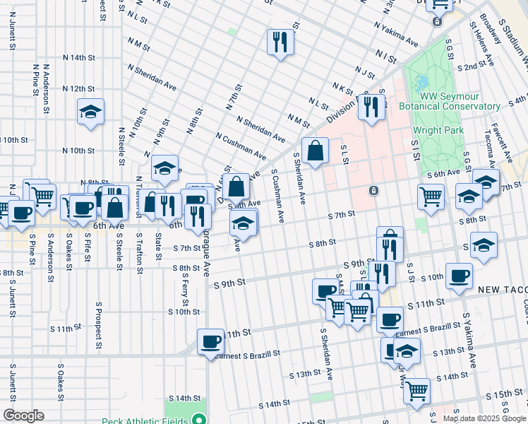 map of restaurants, bars, coffee shops, grocery stores, and more near 609 South Ainsworth Avenue in Tacoma