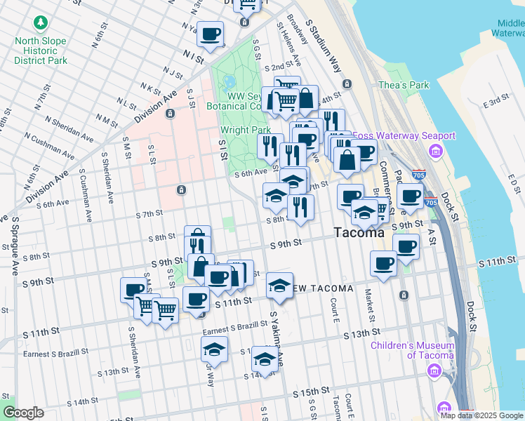 map of restaurants, bars, coffee shops, grocery stores, and more near 715 South Yakima Avenue in Tacoma