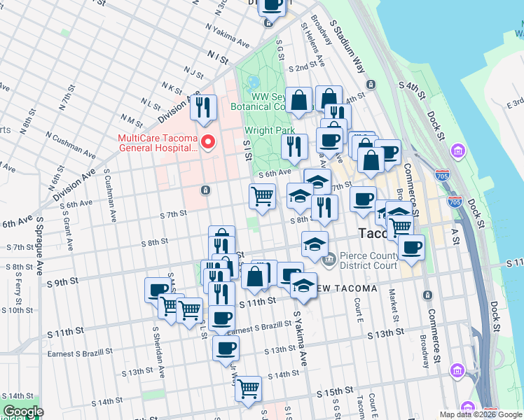 map of restaurants, bars, coffee shops, grocery stores, and more near 707 South I Street in Tacoma