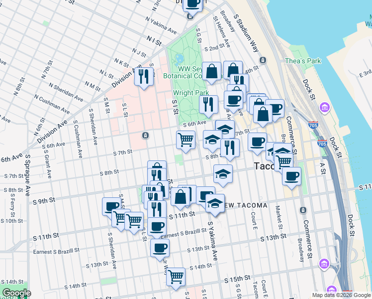 map of restaurants, bars, coffee shops, grocery stores, and more near 707 South I Street in Tacoma