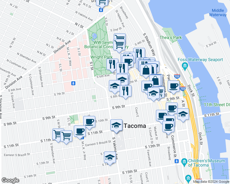 map of restaurants, bars, coffee shops, grocery stores, and more near 716 South G Street in Tacoma