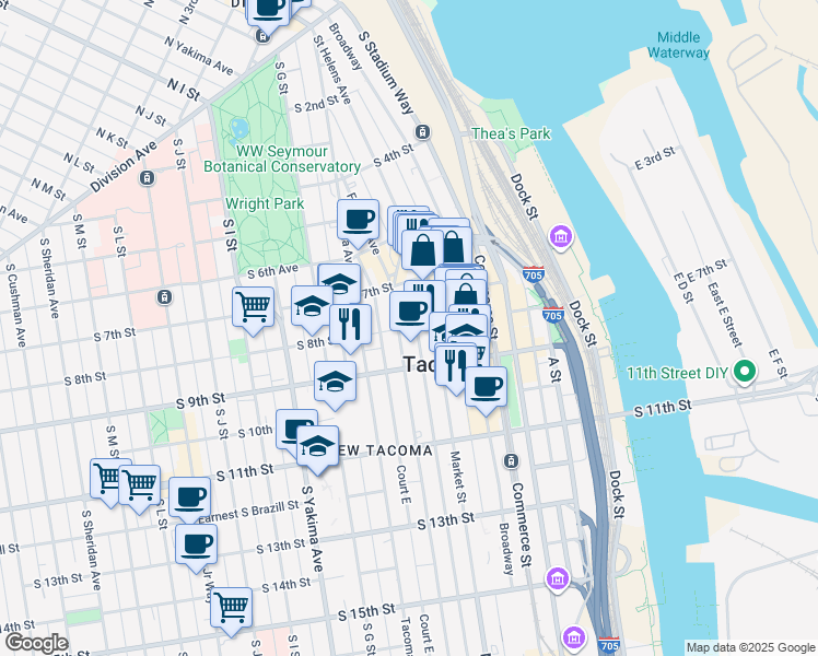 map of restaurants, bars, coffee shops, grocery stores, and more near 737 Fawcett Avenue in Tacoma