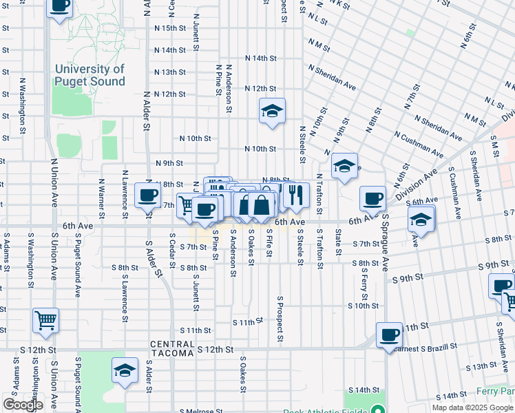 map of restaurants, bars, coffee shops, grocery stores, and more near 610 North Fife Street in Tacoma