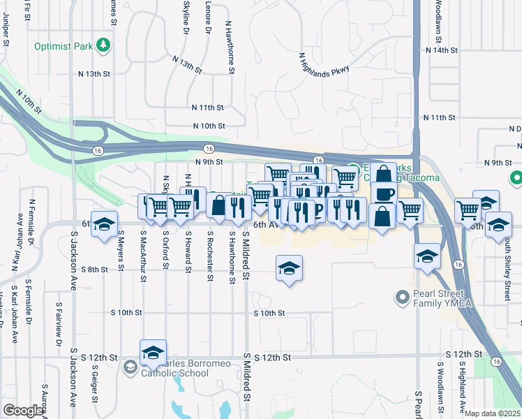 map of restaurants, bars, coffee shops, grocery stores, and more near 6615 6th Avenue in Tacoma