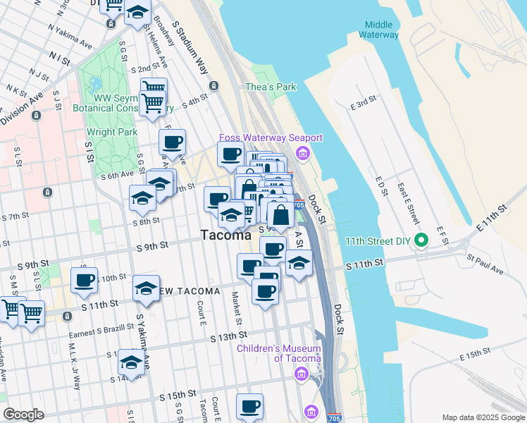 map of restaurants, bars, coffee shops, grocery stores, and more near 815 Pacific Avenue in Tacoma
