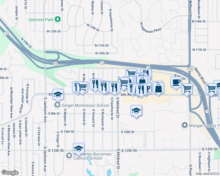 map of restaurants, bars, coffee shops, grocery stores, and more near 614 North Hawthorne Street in Tacoma
