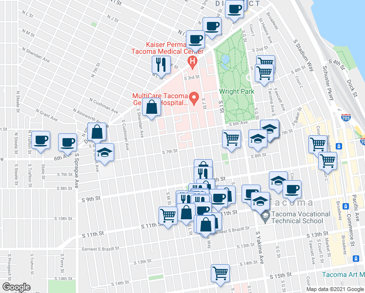 map of restaurants, bars, coffee shops, grocery stores, and more near 621 South L Street in Tacoma