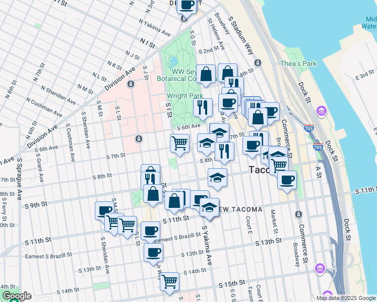 map of restaurants, bars, coffee shops, grocery stores, and more near 708 South Yakima Avenue in Tacoma