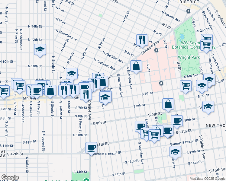 map of restaurants, bars, coffee shops, grocery stores, and more near 609 South Ainsworth Avenue in Tacoma