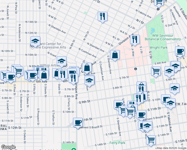 map of restaurants, bars, coffee shops, grocery stores, and more near 611 South Ainsworth Avenue in Tacoma
