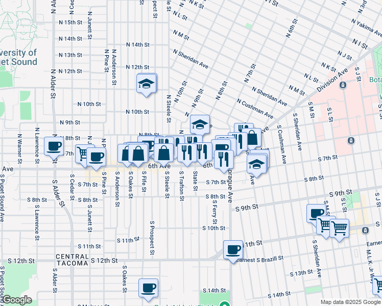 map of restaurants, bars, coffee shops, grocery stores, and more near 612 North State Street in Tacoma
