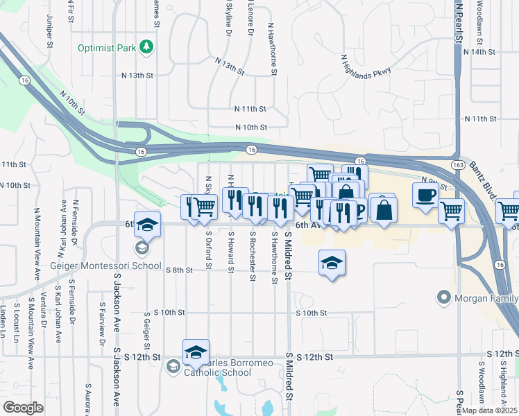 map of restaurants, bars, coffee shops, grocery stores, and more near 614 North Hawthorne Street in Tacoma