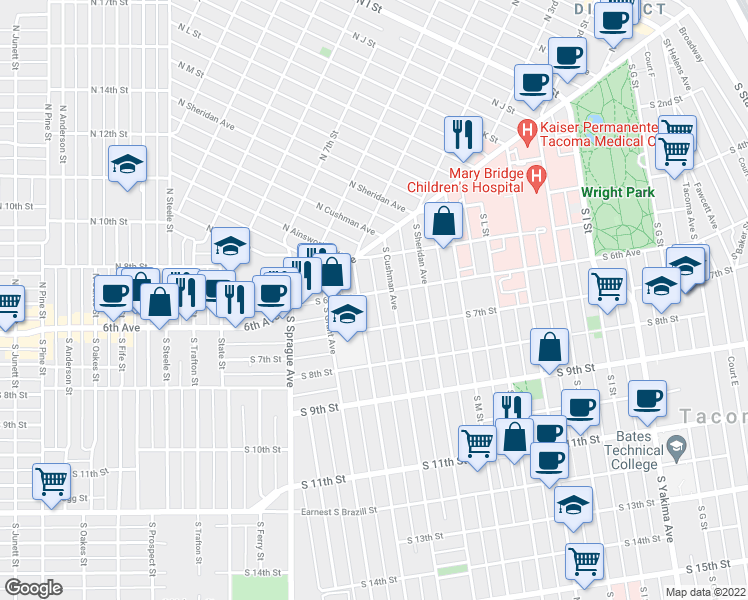 map of restaurants, bars, coffee shops, grocery stores, and more near 1514 6th Avenue in Tacoma