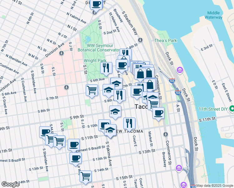 map of restaurants, bars, coffee shops, grocery stores, and more near 601 South 8th Street in Tacoma