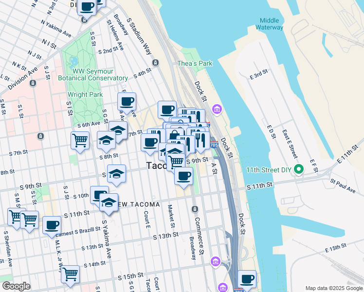 map of restaurants, bars, coffee shops, grocery stores, and more near 786 Commerce Street in Tacoma