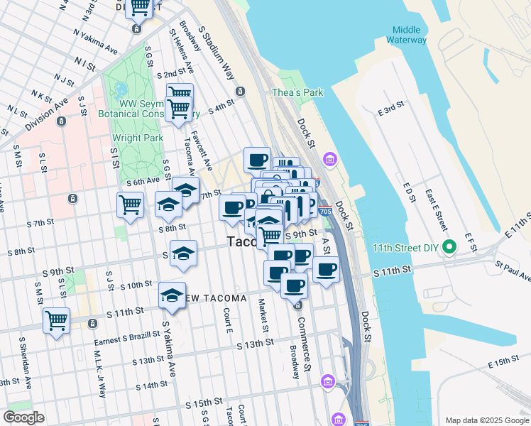 map of restaurants, bars, coffee shops, grocery stores, and more near 786 Commerce Street in Tacoma