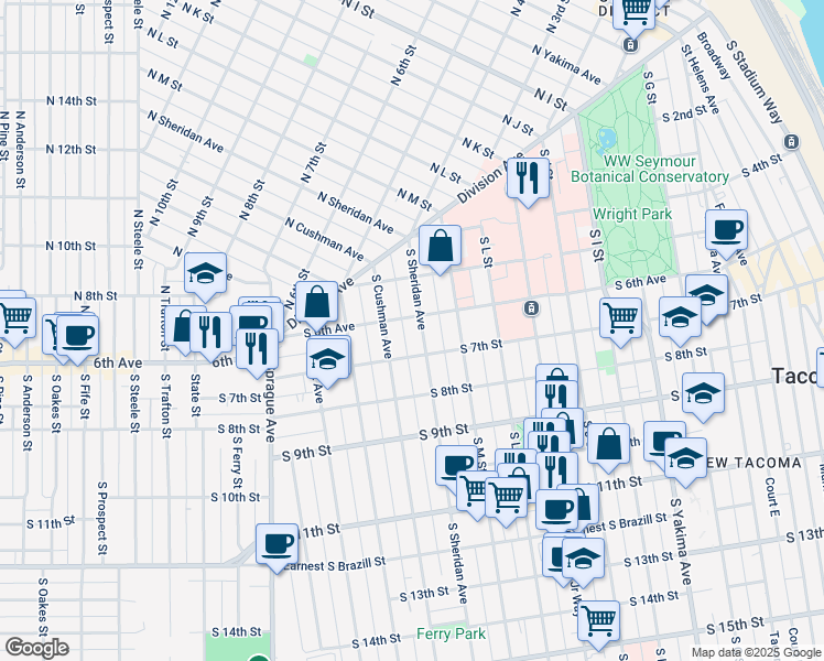 map of restaurants, bars, coffee shops, grocery stores, and more near 622 South Sheridan Avenue in Tacoma